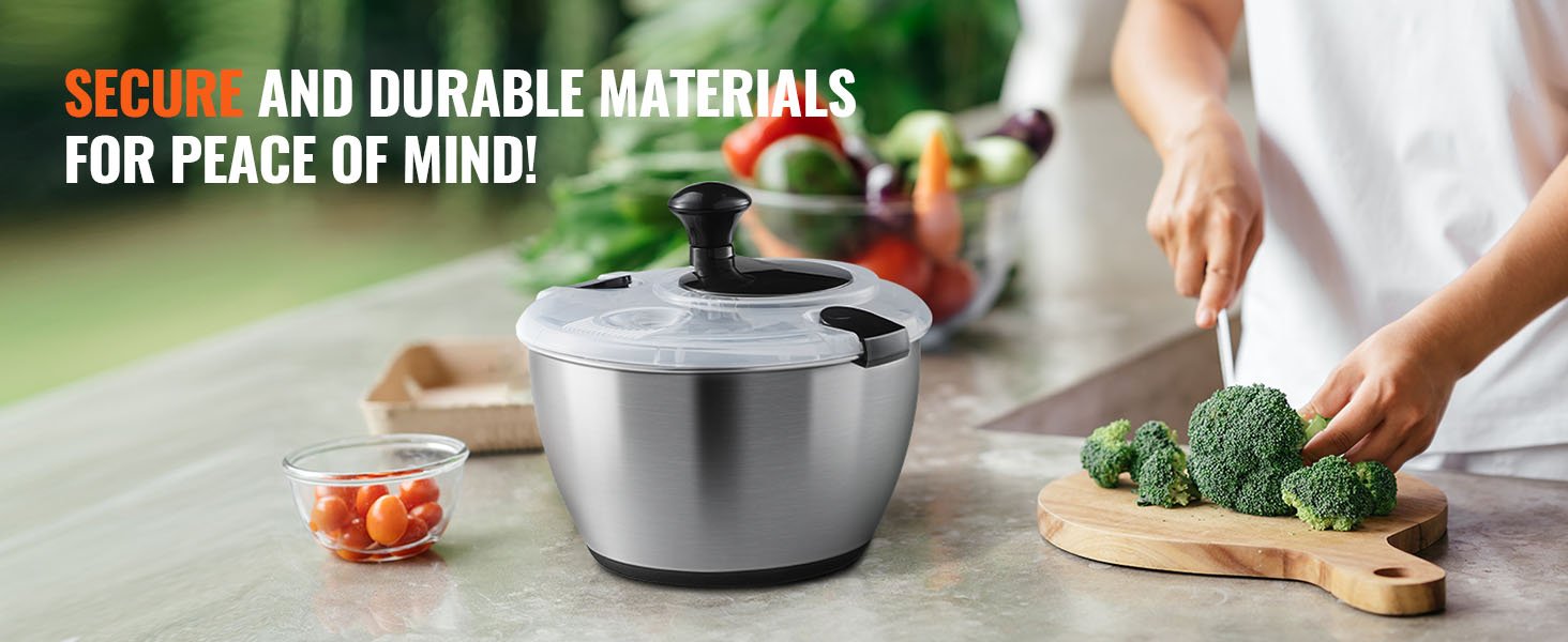 VEVOR Stainless Steel Salad Spinner 4.75Qt One-handed Easy Press Large Vegetable Dryer Washer for Greens Herbs Berries Fruits