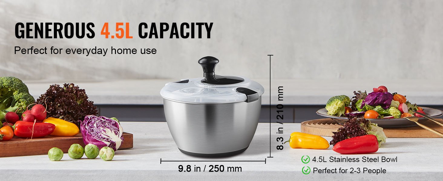 VEVOR Stainless Steel Salad Spinner 4.75Qt One-handed Easy Press Large Vegetable Dryer Washer for Greens Herbs Berries Fruits
