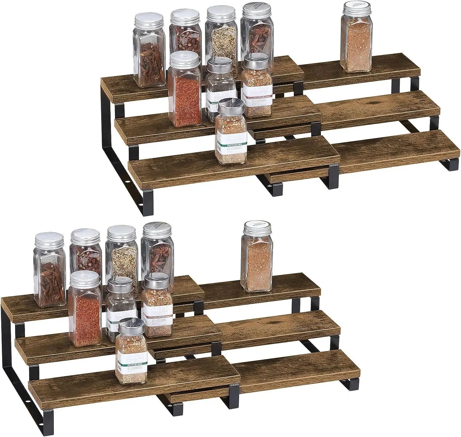 3-Tier Wooden Spice Rack Organizer for Cabinet, Expandable Spice Rack Shelf Organizer for Kitchen Cabinet Countertop, Set of 2 3-Tier Wooden Spice Rack Organizer for Cabinet, Expandable Spice Rack Shelf Organizer for Kitchen Cabinet Countertop, Set of 2