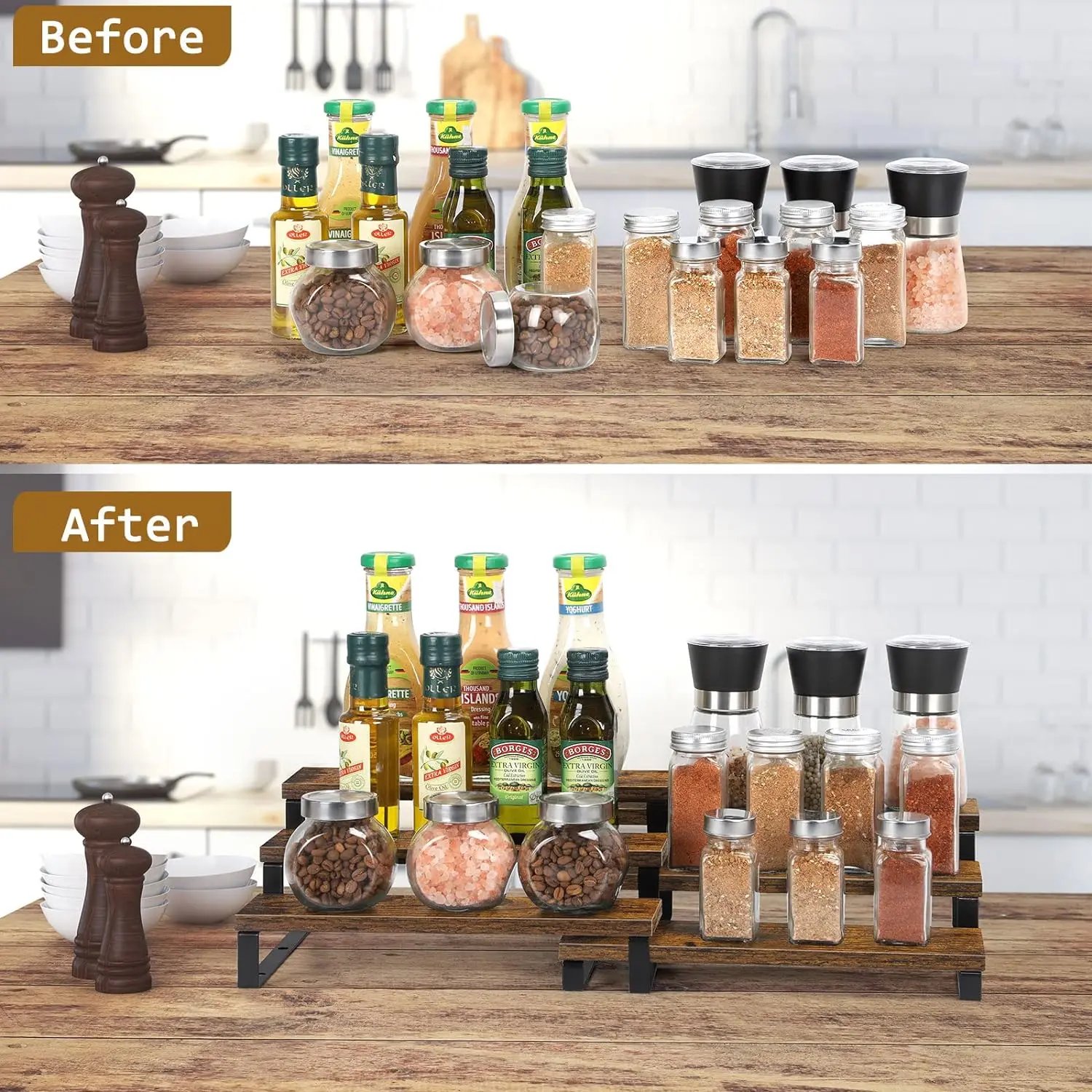 3-Tier Wooden Spice Rack Organizer for Cabinet, Expandable Spice Rack Shelf Organizer for Kitchen Cabinet Countertop, Set of 2 3-Tier Wooden Spice Rack Organizer for Cabinet, Expandable Spice Rack Shelf Organizer for Kitchen Cabinet Countertop, Set of 2