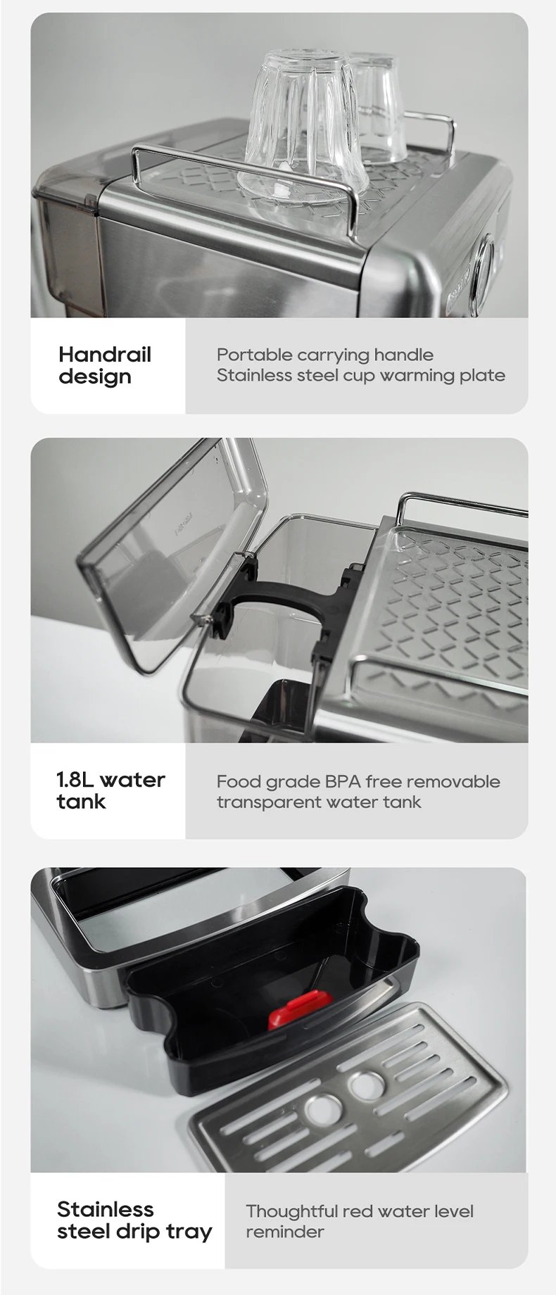 HiBREW 20Bar Semi Automatic Espresso Coffee Machine Temperature Adjustable 58mm Portafilter Cold/Hot Coffee Maker Metal CaseH10A