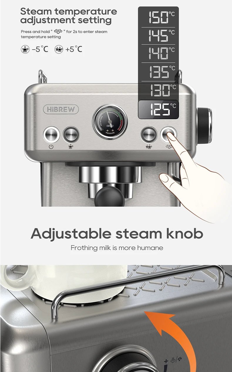HiBREW 20Bar Semi Automatic Espresso Coffee Machine Temperature Adjustable 58mm Portafilter Cold/Hot Coffee Maker Metal CaseH10A