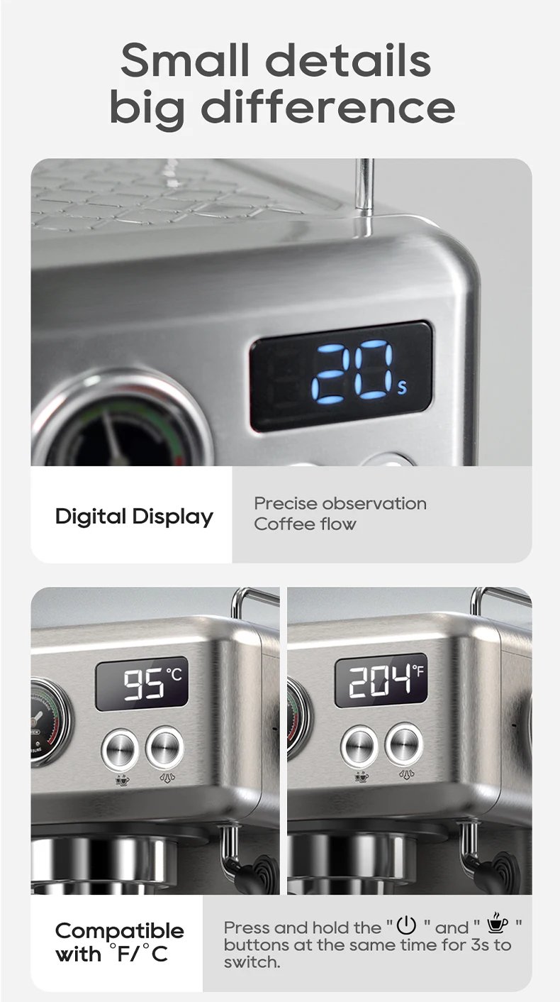 HiBREW 20Bar Semi Automatic Espresso Coffee Machine Temperature Adjustable 58mm Portafilter Cold/Hot Coffee Maker Metal CaseH10A