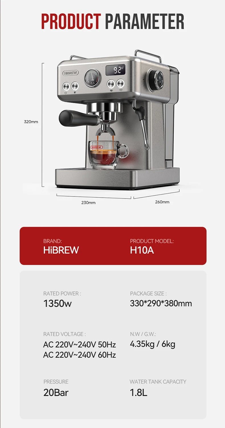 HiBREW 20Bar Semi Automatic Espresso Coffee Machine Temperature Adjustable 58mm Portafilter Cold/Hot Coffee Maker Metal CaseH10A