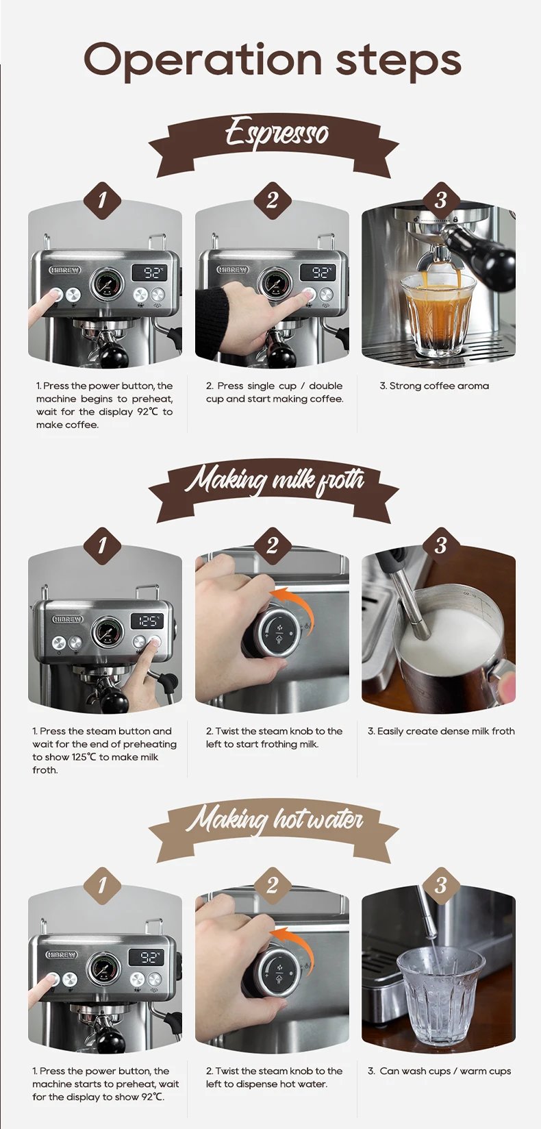 HiBREW 20Bar Semi Automatic Espresso Coffee Machine Temperature Adjustable 58mm Portafilter Cold/Hot Coffee Maker Metal CaseH10A