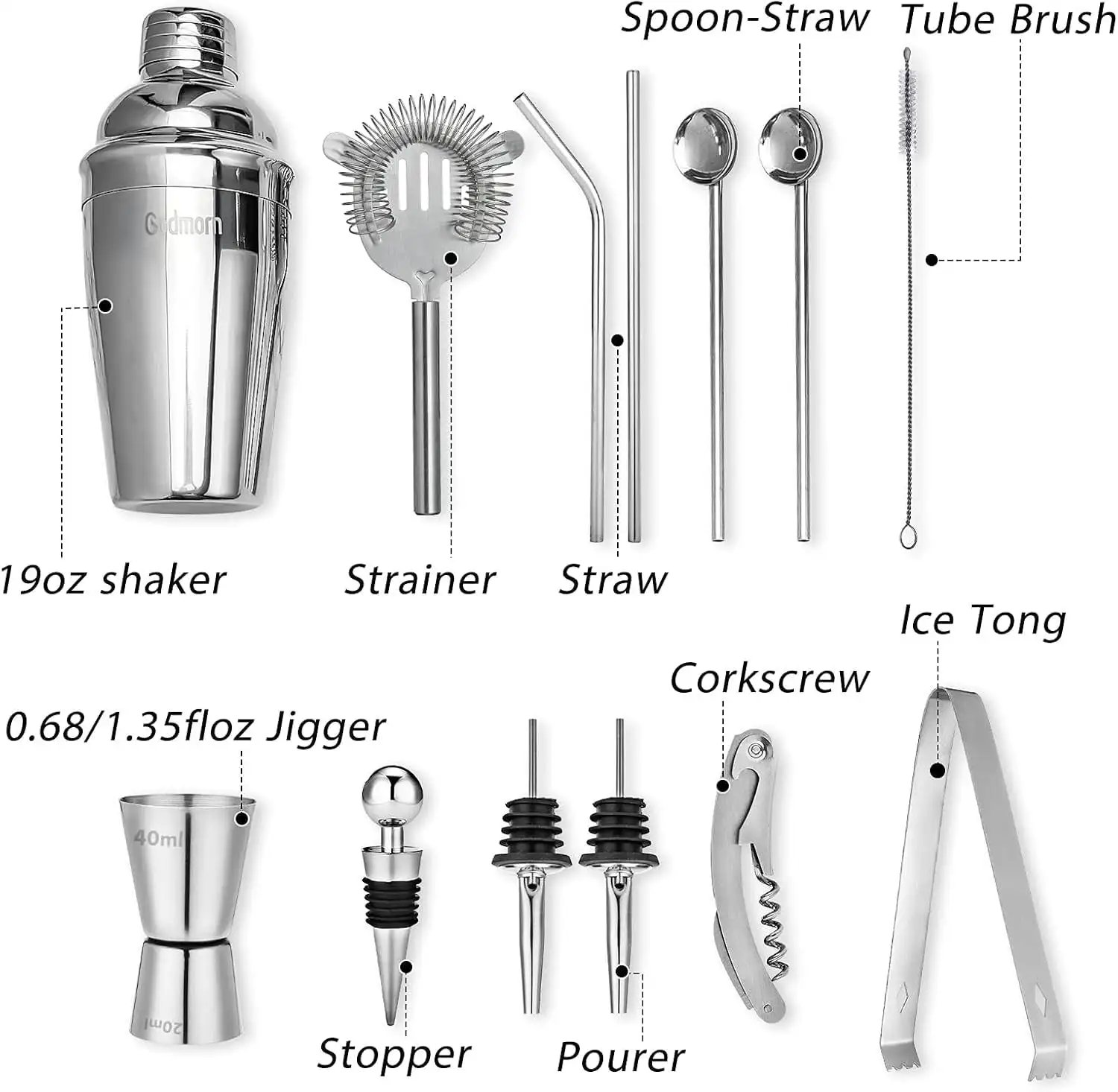 Cocktail Shaker Set with Bamboo Stand,14 Pcs Mixology Bartender Kit,304 Stainless Steel Bartending Kit,Bar Accessoriess for Home