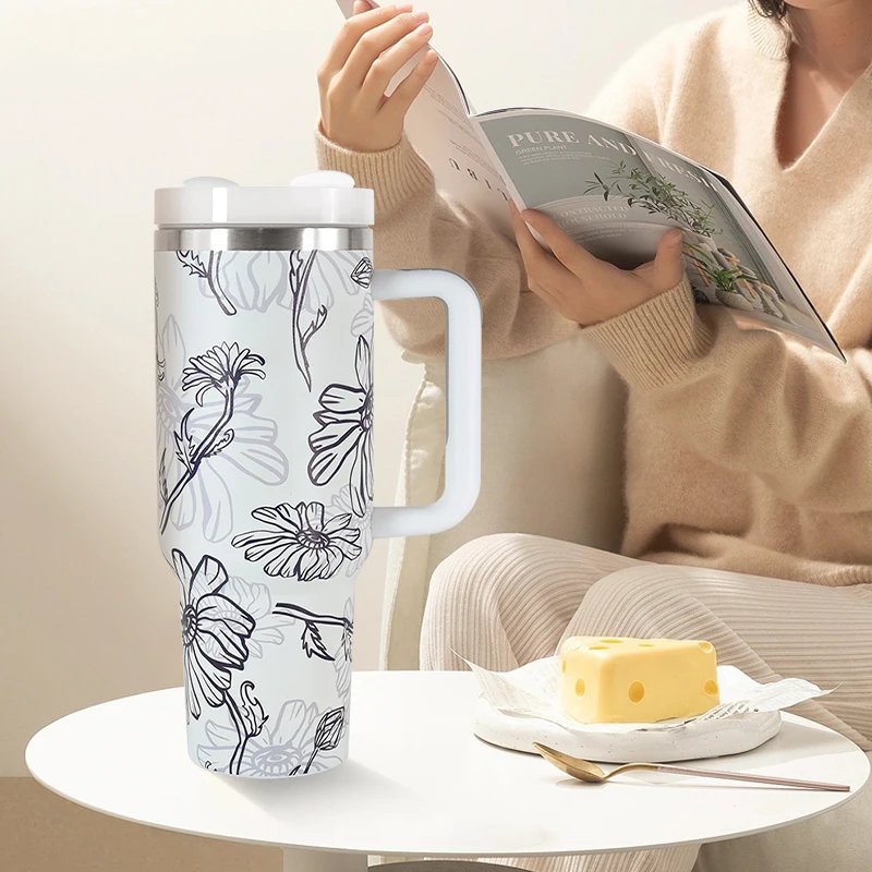 1pcs 40oz White Stainless Steel Insulated Travel Camp H2.0 Mug 40oz Cup Tumbler With Full Print He