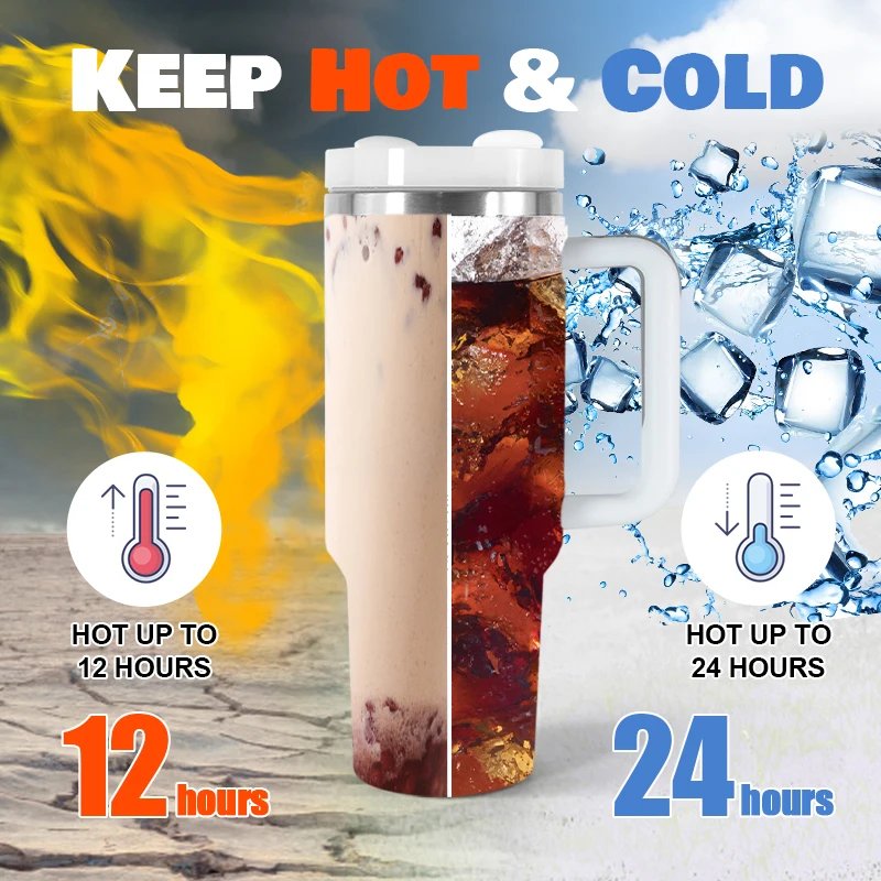 1pcs 40oz White Stainless Steel Insulated Travel Camp H2.0 Mug 40oz Cup Tumbler With Full Print He