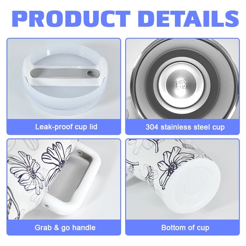 1pcs 40oz White Stainless Steel Insulated Travel Camp H2.0 Mug 40oz Cup Tumbler With Full Print He