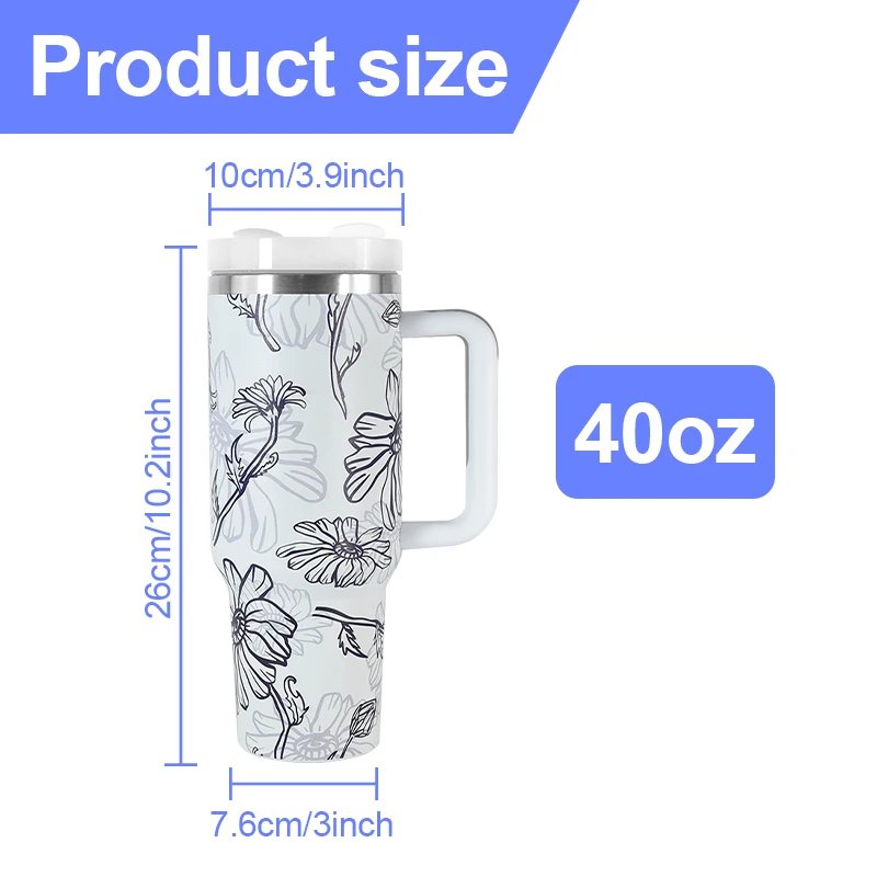 1pcs 40oz White Stainless Steel Insulated Travel Camp H2.0 Mug 40oz Cup Tumbler With Full Print He