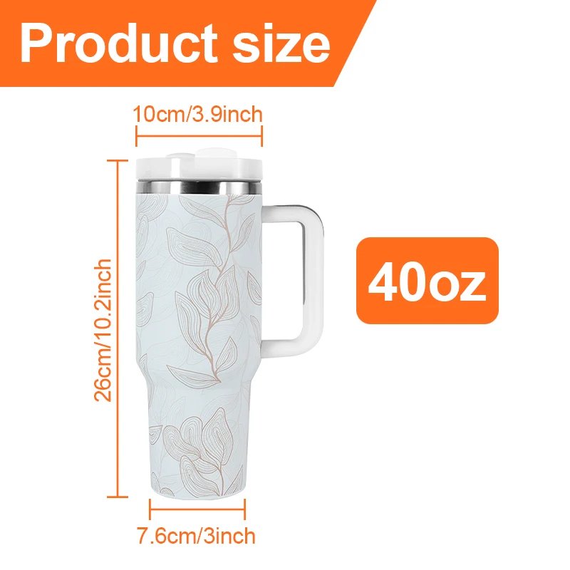 1pcs 40oz Stainless Steel Insulated H2.0 Travel Camp Mug 40oz Cup Tumbler With White Flower Full Print He