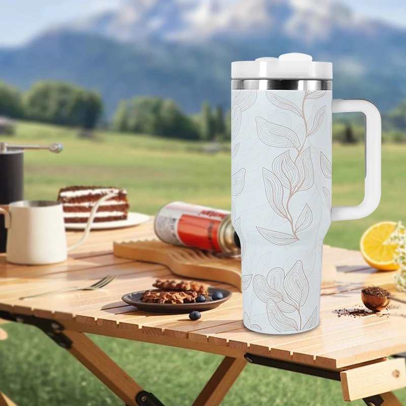 1pcs 40oz Stainless Steel Insulated H2.0 Travel Camp Mug 40oz Cup Tumbler With White Flower Full Print He