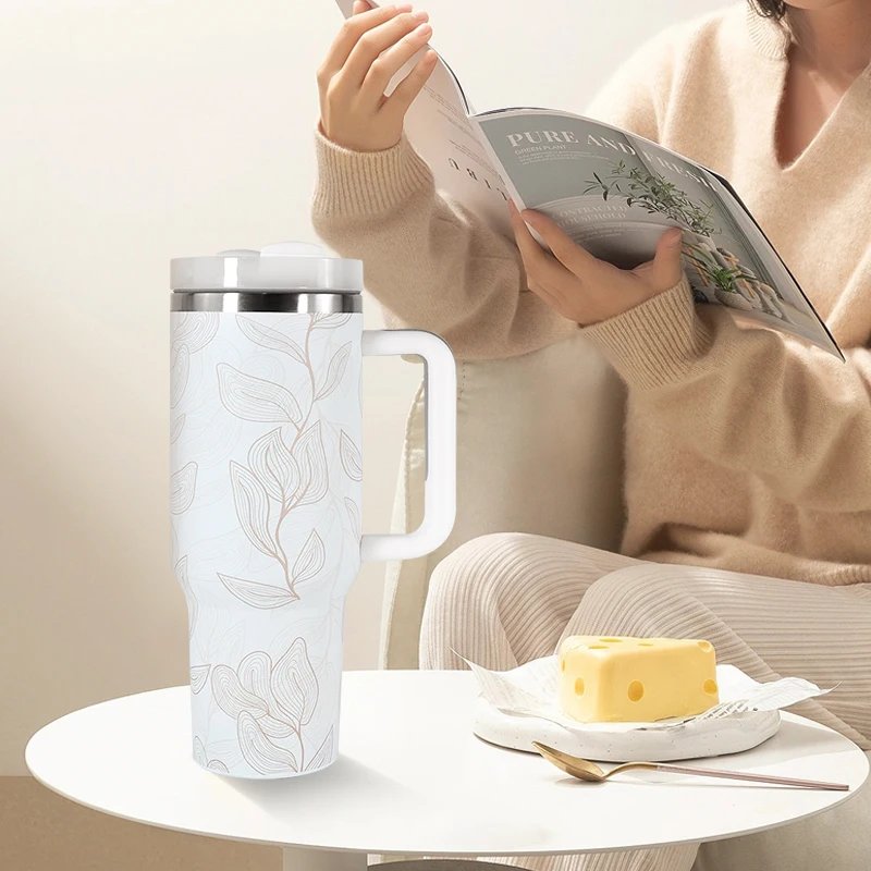 1pcs 40oz Stainless Steel Insulated H2.0 Travel Camp Mug 40oz Cup Tumbler With White Flower Full Print He