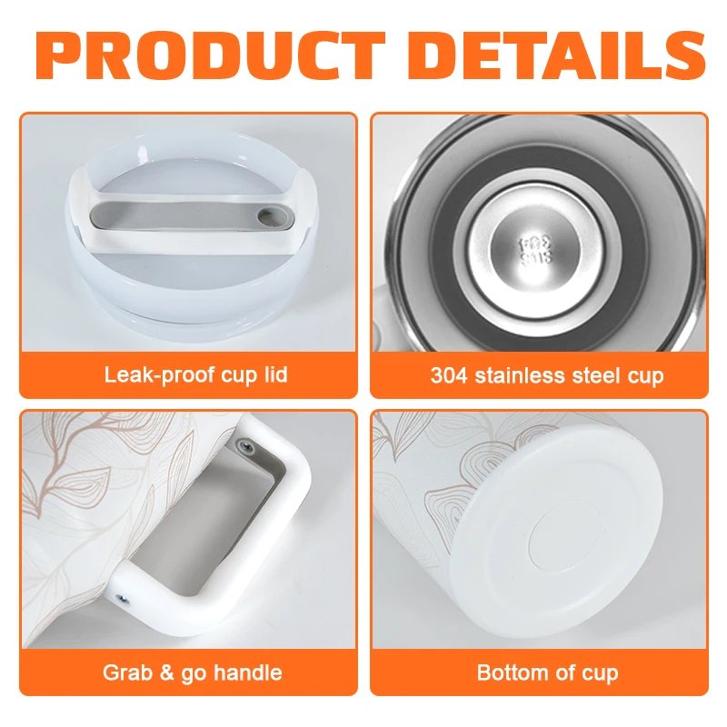 1pcs 40oz Stainless Steel Insulated H2.0 Travel Camp Mug 40oz Cup Tumbler With White Flower Full Print He