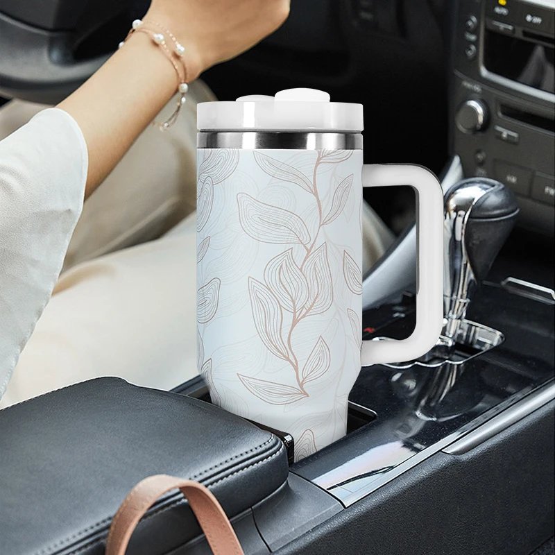 1pcs 40oz Stainless Steel Insulated H2.0 Travel Camp Mug 40oz Cup Tumbler With White Flower Full Print He