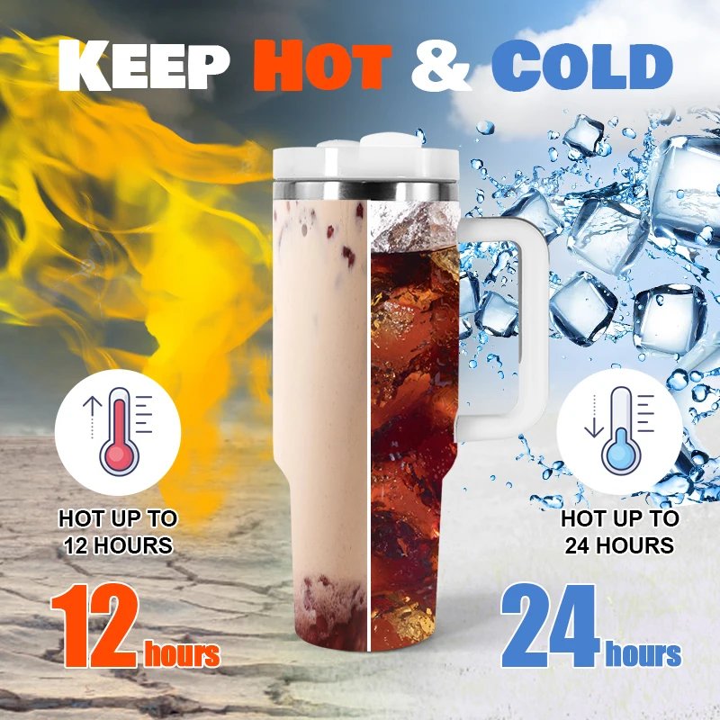 1pcs 40oz Stainless Steel Insulated H2.0 Travel Camp Mug 40oz Cup Tumbler With White Flower Full Print He