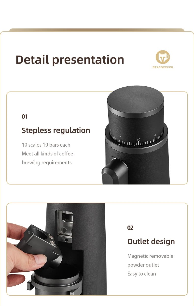 STARSEEKER EDGE Stainless Steel Burr Coffee Grinder 48MM Espresso Stepless Fineness Adjustment Electric Coffee Grinders Black