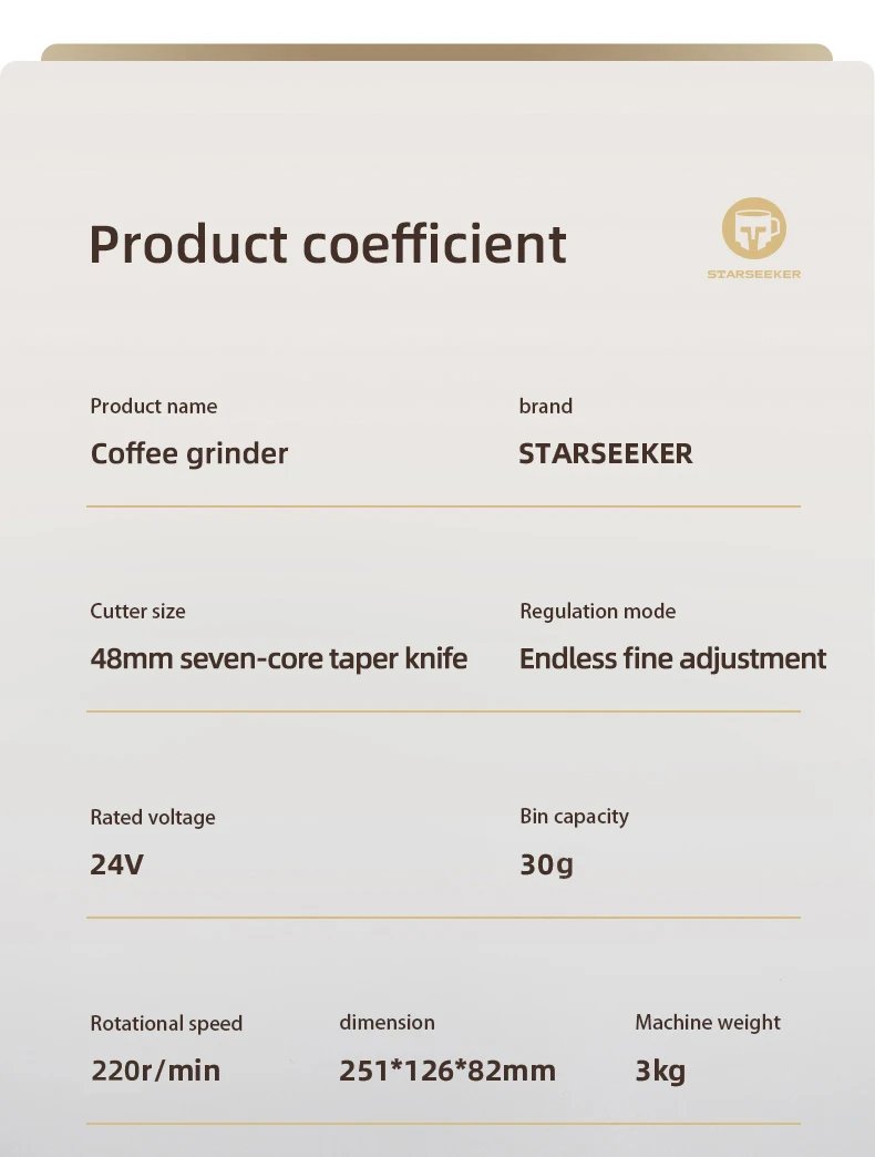 STARSEEKER EDGE Stainless Steel Burr Coffee Grinder 48MM Espresso Stepless Fineness Adjustment Electric Coffee Grinders Black