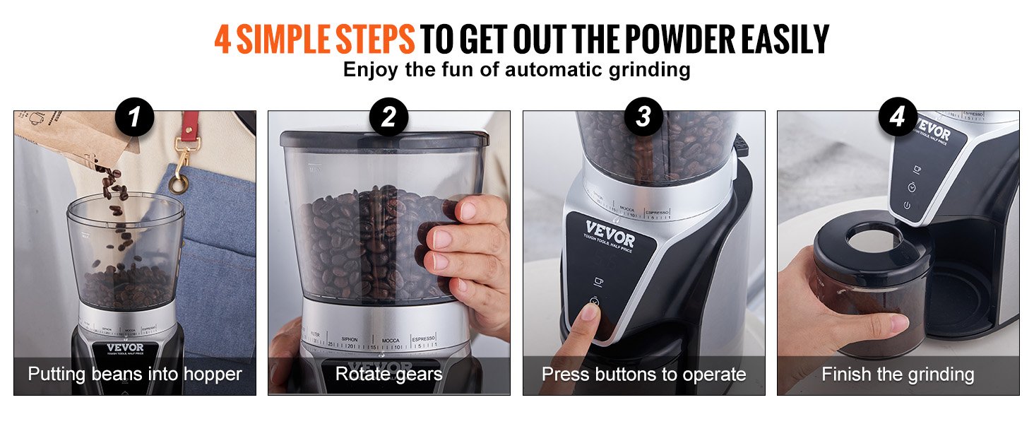 VEVOR 40MM Conical Burr Grind Setting Coffe Bean Electric Grinder Mocha Espresso Adjustment Coffee Machine for Home and Kitchen