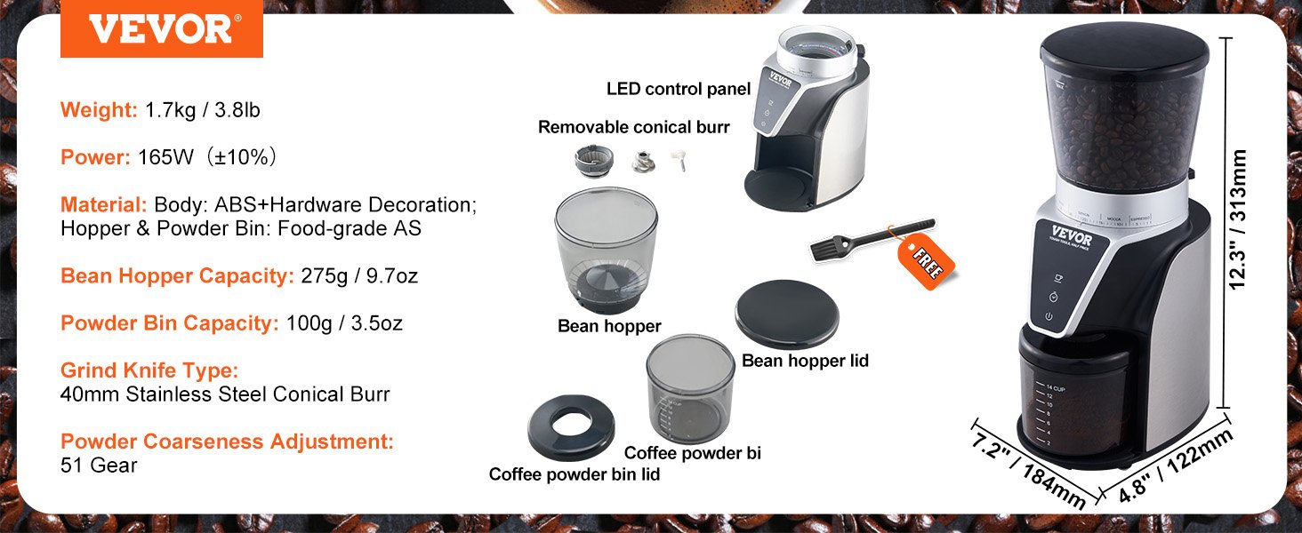 VEVOR 40MM Conical Burr Grind Setting Coffe Bean Electric Grinder Mocha Espresso Adjustment Coffee Machine for Home and Kitchen
