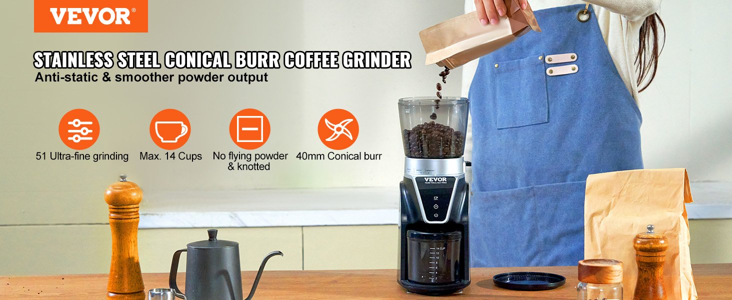 VEVOR 40MM Conical Burr Grind Setting Coffe Bean Electric Grinder Mocha Espresso Adjustment Coffee Machine for Home and Kitchen
