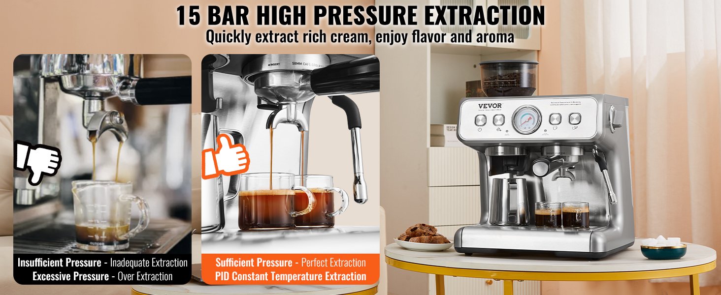 SucceBuy Espresso Machine with Grinder 15 Bar Semi-Automatic Espresso Coffee Maker with Milk Frother Steam Wand