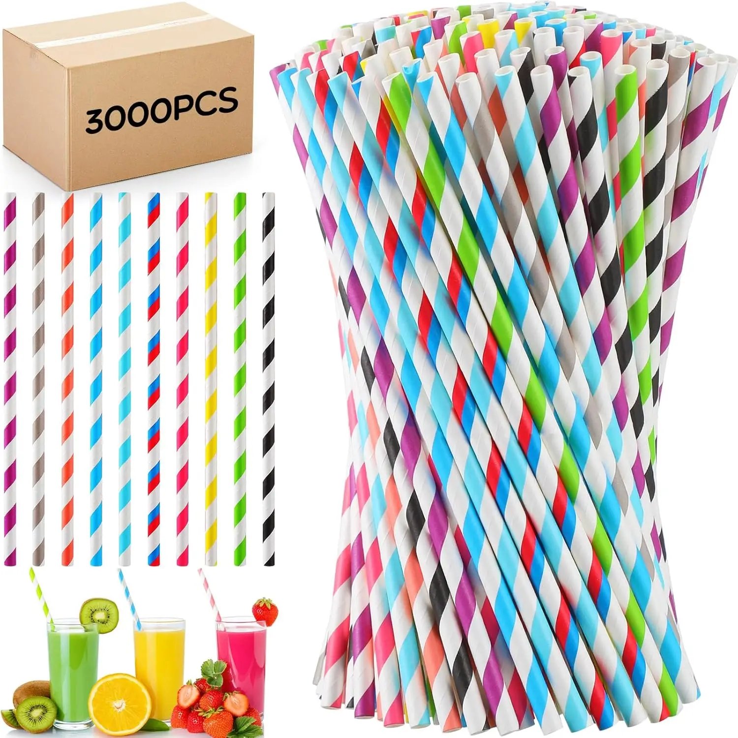 3000 Pcs Colored Paper Straws Bulk Disposable Striped Drinking Paper Straws for Summer Juice, Shakes, Cocktail,7.87 Inches