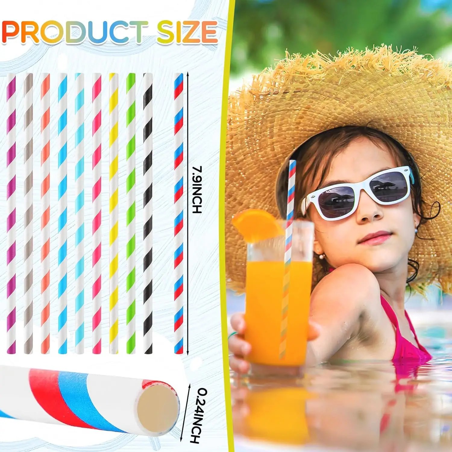 3000 Pcs Colored Paper Straws Bulk Disposable Striped Drinking Paper Straws for Summer Juice, Shakes, Cocktail,7.87 Inches