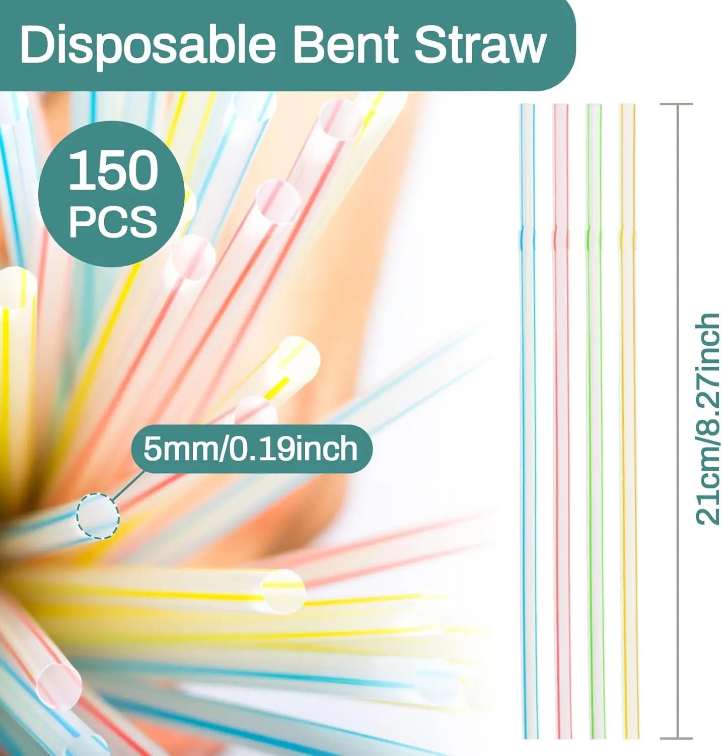 150PCS Disposable Plastic Drinking Straws - Flexible Straws Disposable Long Colorful PP Plastic Striped Assorted Colors for Home
