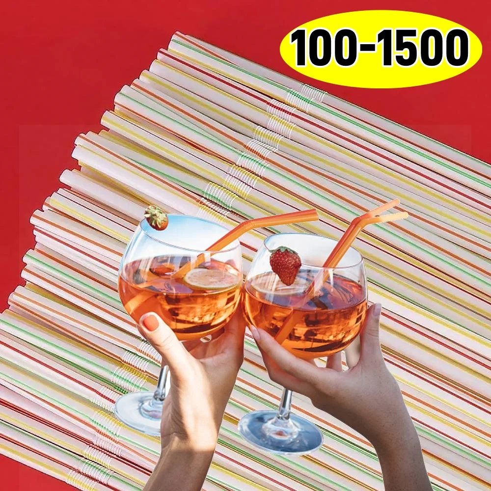 100-1500PCS Colorful & Black Flexible Drinking Straws for Parties Wedding Kitchen Wholesale for Home Parties Milk Juice Drinks
