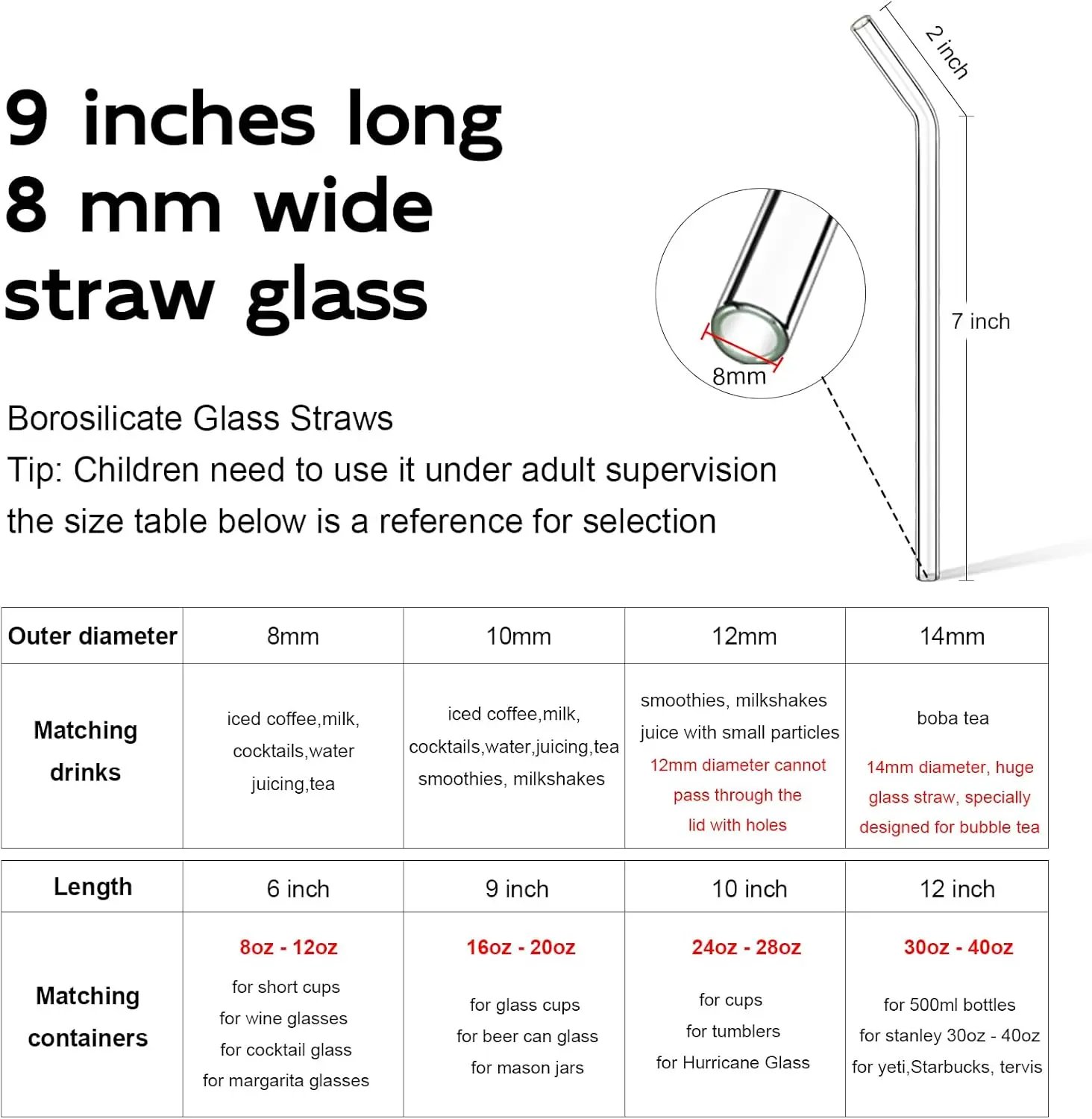 NEW Borosilicate Glass Straws for 16 oz Tumbler, 9 inch 8mm BPA Free, Reusable Drinking Straws Clear Bent Skinny