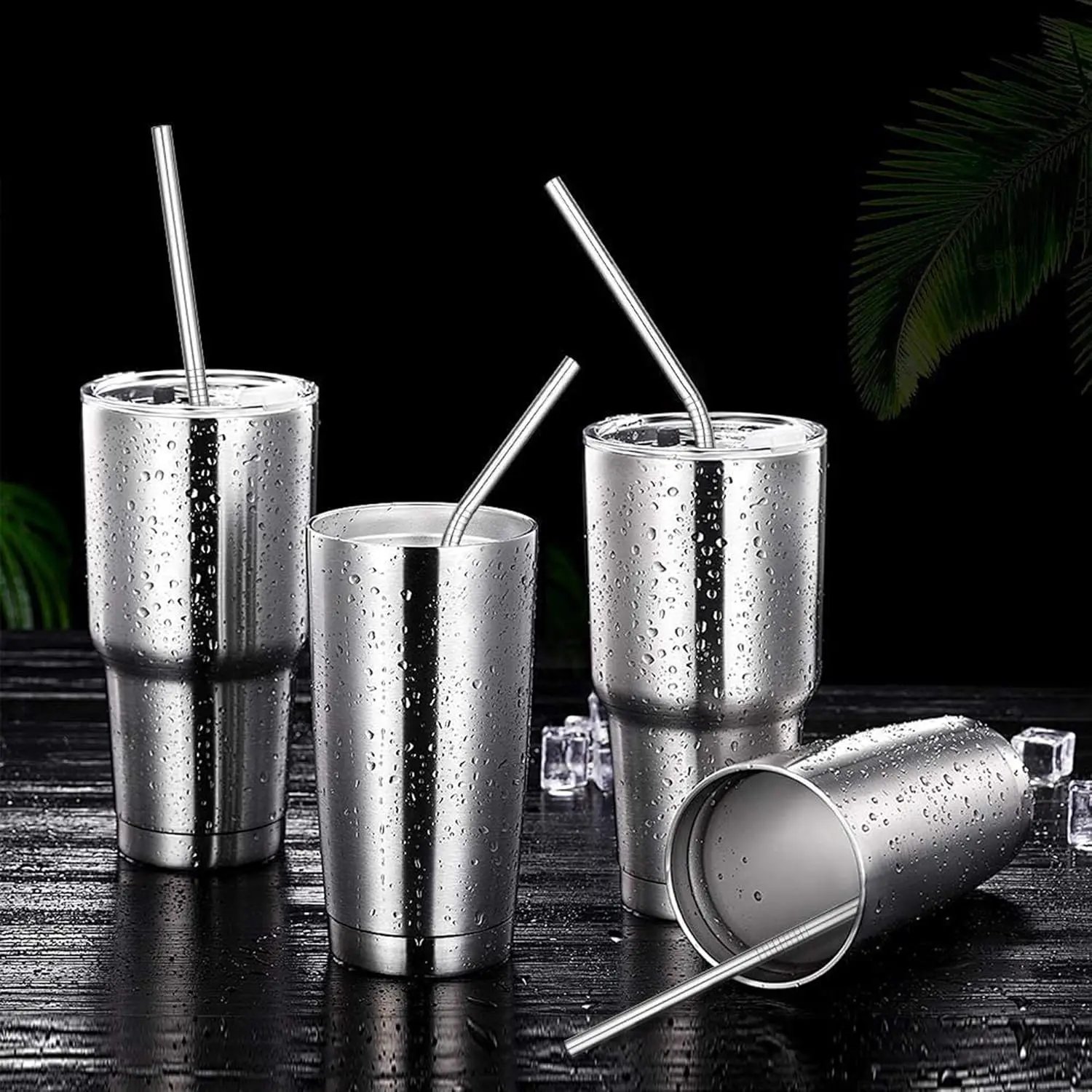 NEW Set of 4 Reusable Metal Straws, Long Stainless Steel Straw - Cleaning Brushes & Case, Drinking for 30 oz & 20 oz Tumblers
