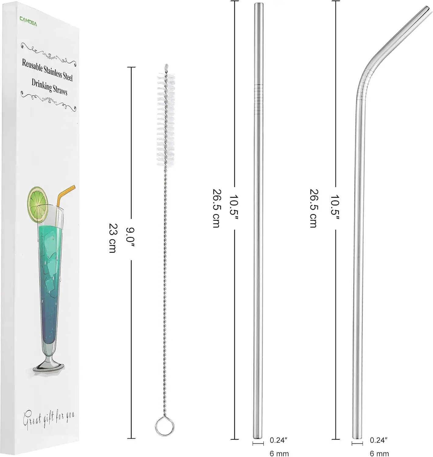 NEW Set of 4 Reusable Metal Straws, Long Stainless Steel Straw - Cleaning Brushes & Case, Drinking for 30 oz & 20 oz Tumblers