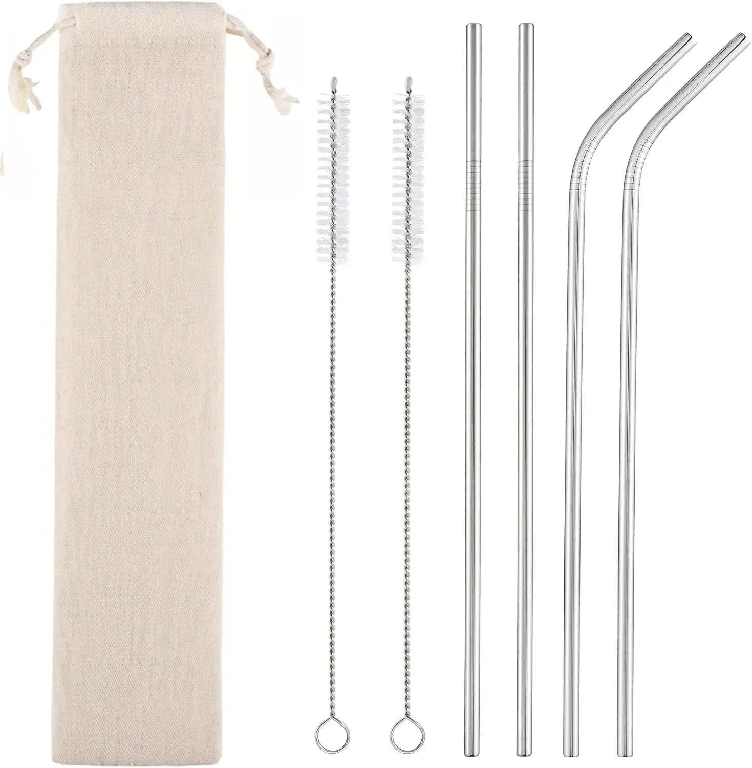 NEW Set of 4 Reusable Metal Straws, Long Stainless Steel Straw - Cleaning Brushes & Case, Drinking for 30 oz & 20 oz Tumblers