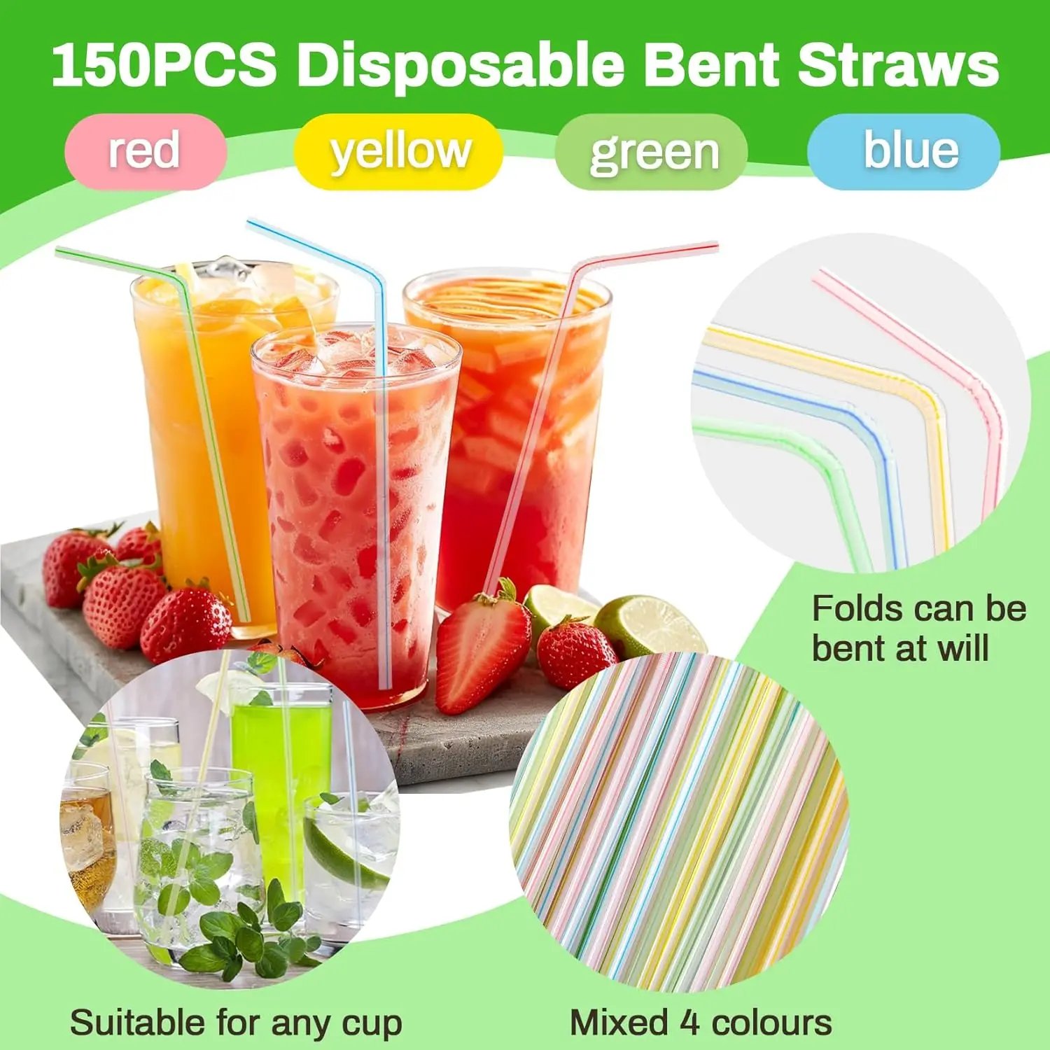 150 PCS Disposable PP Straws, Flexible & Long, Assorted Striped Colors. Ideal for Milk, Juice at Home.