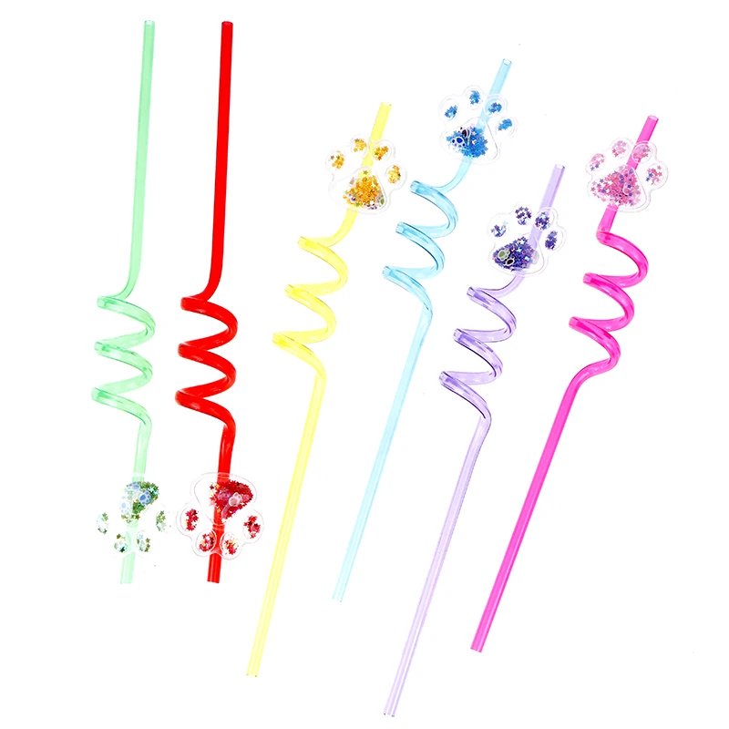 6Pcs Dog Paw Straws Birthday Party Supplies Reusable Drinking Straw Party Favors Sequin Quicksand Dog Paw Straws For Kids Party