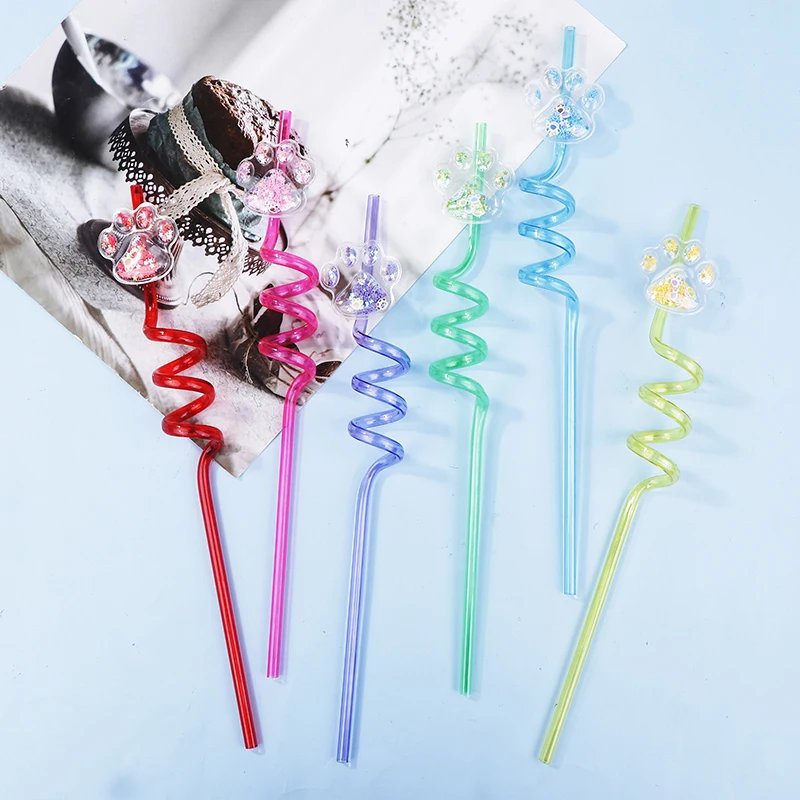6Pcs Dog Paw Straws Birthday Party Supplies Reusable Drinking Straw Party Favors Sequin Quicksand Dog Paw Straws For Kids Party