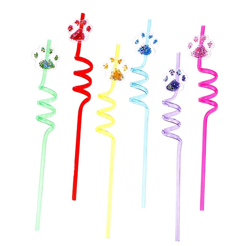 6Pcs Dog Paw Straws Birthday Party Supplies Reusable Drinking Straw Party Favors Sequin Quicksand Dog Paw Straws For Kids Party