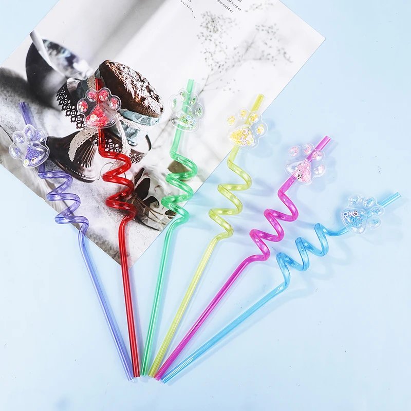 6Pcs Dog Paw Straws Birthday Party Supplies Reusable Drinking Straw Party Favors Sequin Quicksand Dog Paw Straws For Kids Party