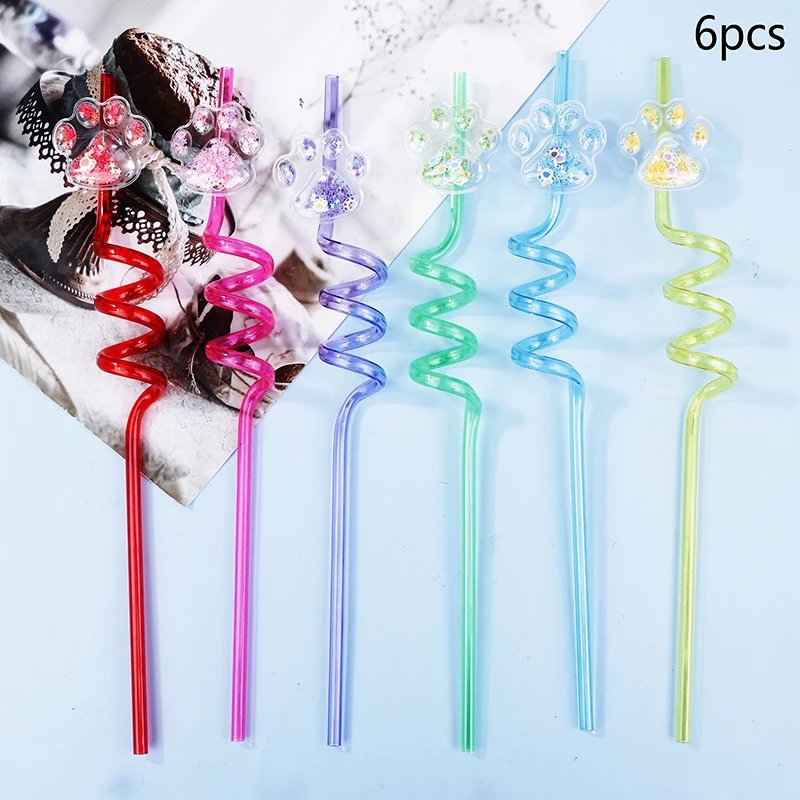6Pcs Dog Paw Straws Birthday Party Supplies Reusable Drinking Straw Party Favors Sequin Quicksand Dog Paw Straws For Kids Party