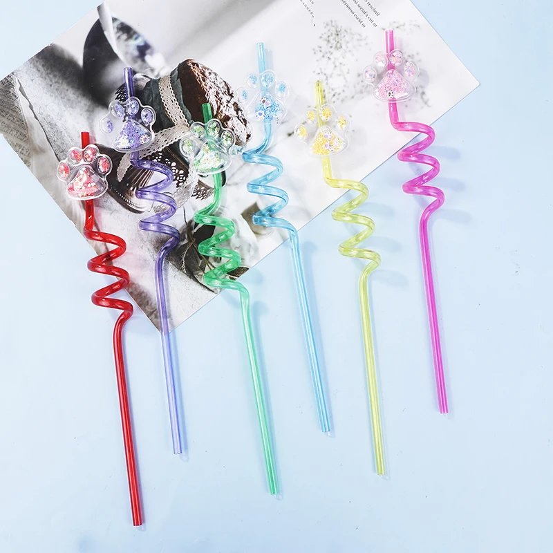 6Pcs Dog Paw Straws Birthday Party Supplies Reusable Drinking Straw Party Favors Sequin Quicksand Dog Paw Straws For Kids Party