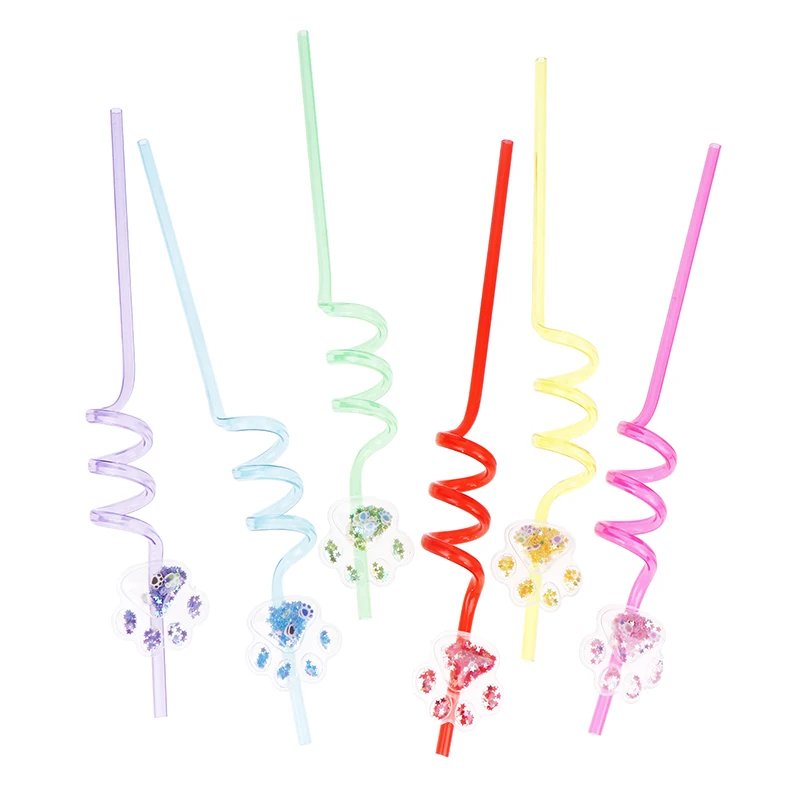6Pcs Dog Paw Straws Birthday Party Supplies Reusable Drinking Straw Party Favors Sequin Quicksand Dog Paw Straws For Kids Party