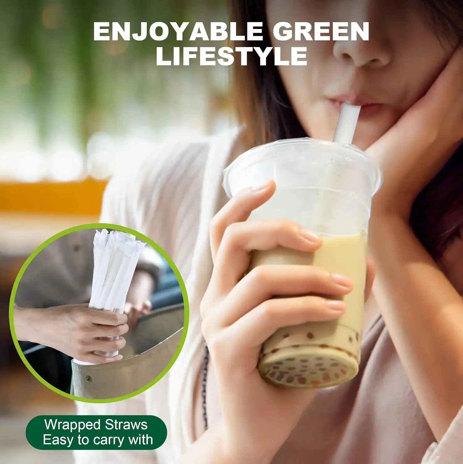 [XMSJ]9 Inch Disposable Bubble Tea Straws Bulk, Wrapped White Paper Boba Straws - 12mm Extra Wide, Pointed End (Case of 1,200)