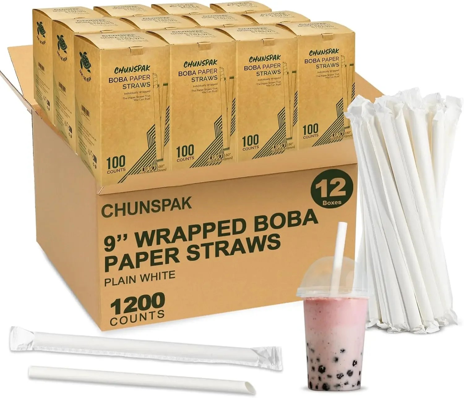 [XMSJ]9 Inch Disposable Bubble Tea Straws Bulk, Wrapped White Paper Boba Straws - 12mm Extra Wide, Pointed End (Case of 1,200)