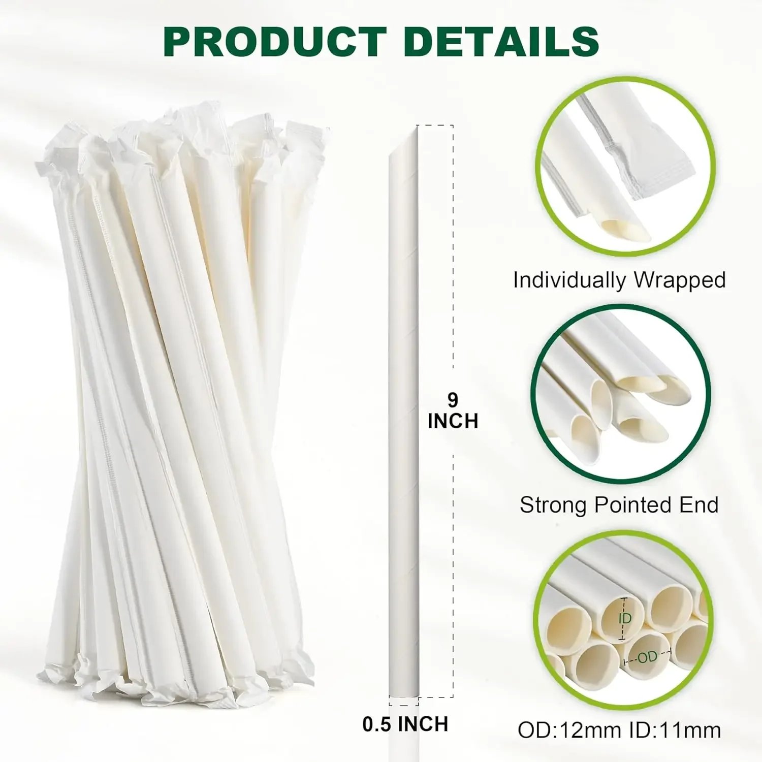 [XMSJ]9 Inch Disposable Bubble Tea Straws Bulk, Wrapped White Paper Boba Straws - 12mm Extra Wide, Pointed End (Case of 1,200)