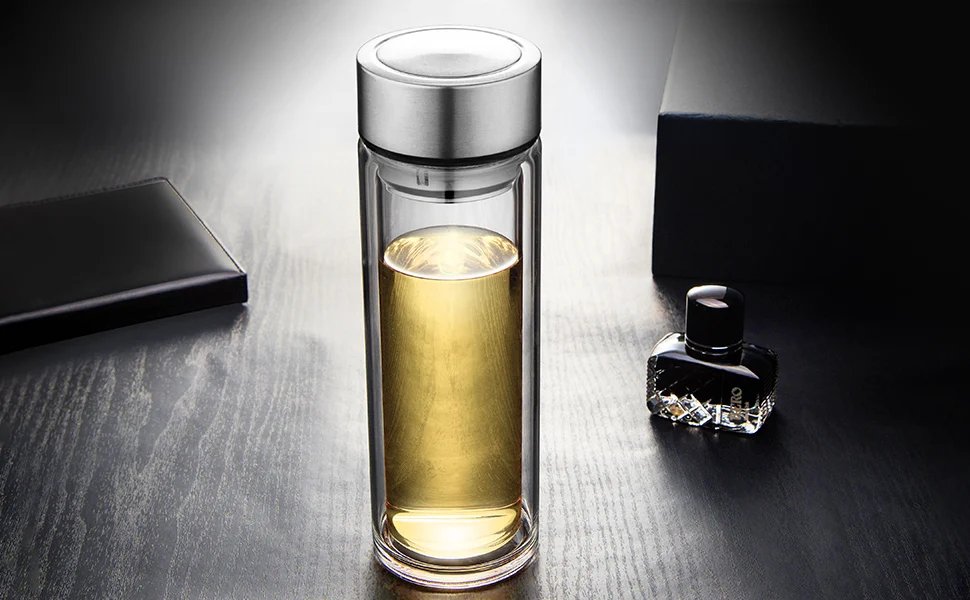 Glass tea infuser bottle tea flood cup 12oz/350 mL，double wall boro silicate portable travel tumbler mug leak proof for loose le