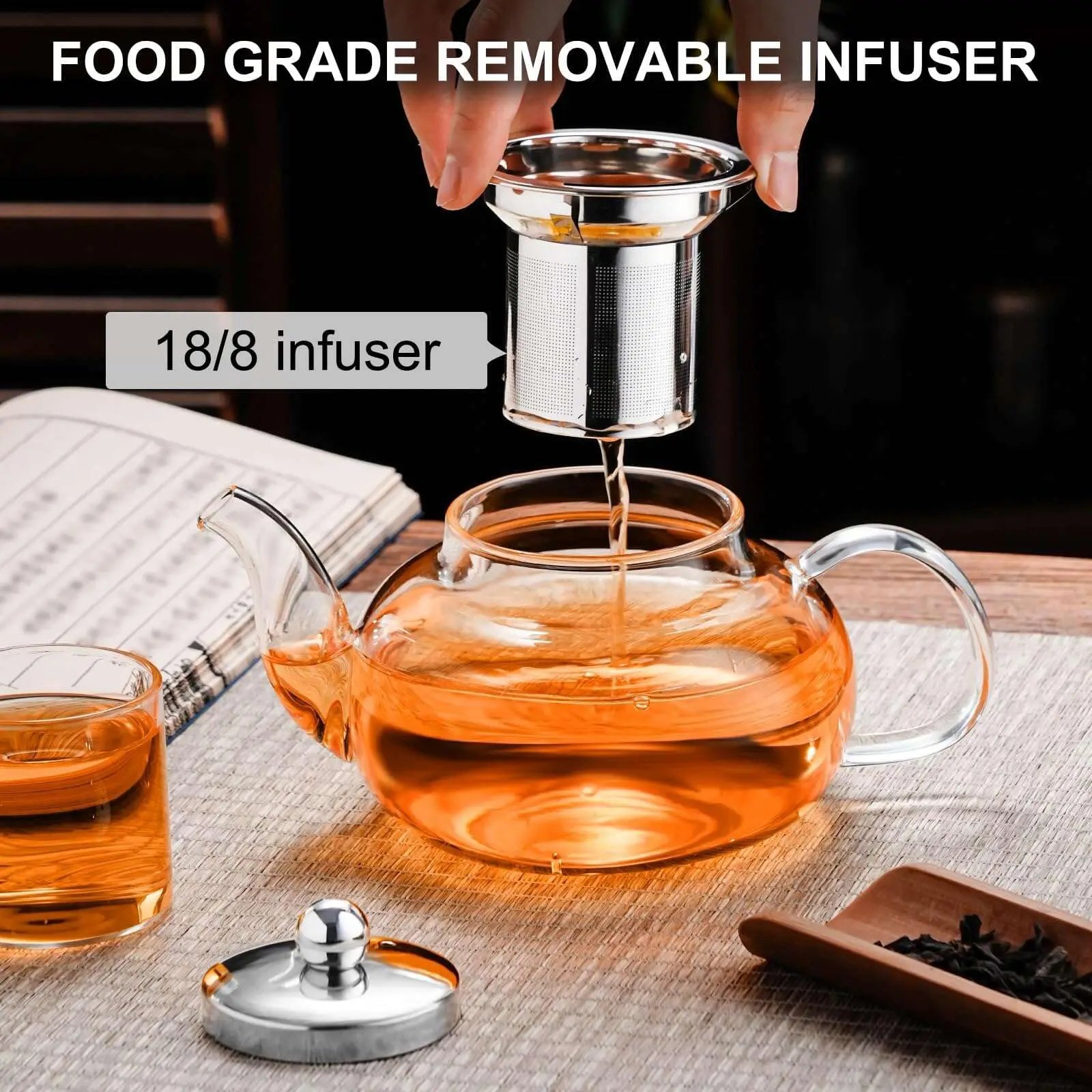 Glass Teapot Stovetop 22 OZ/650ml, Tea pot with Removable 18/8 Stainless Steel Infuser, Borosilicate Clear Tea Kettle