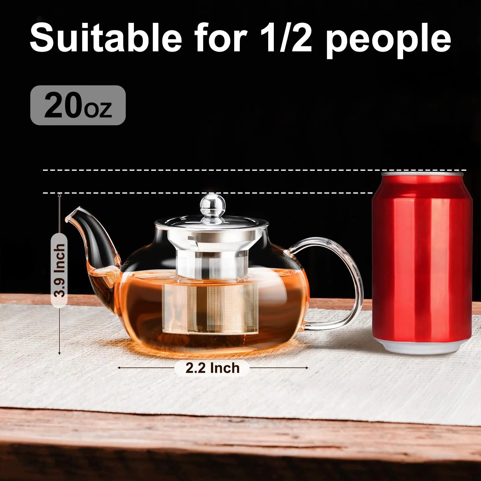 Glass Teapot Stovetop 22 OZ/650ml, Tea pot with Removable 18/8 Stainless Steel Infuser, Borosilicate Clear Tea Kettle