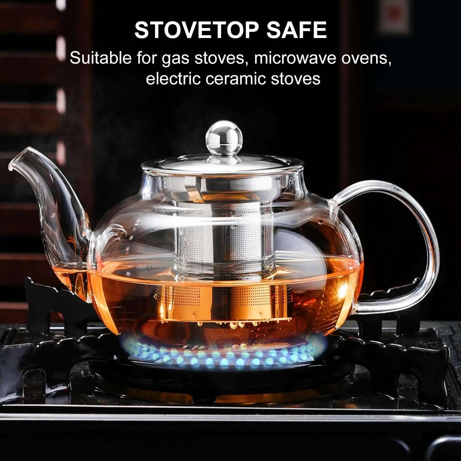 Glass Teapot Stovetop 22 OZ/650ml, Tea pot with Removable 18/8 Stainless Steel Infuser, Borosilicate Clear Tea Kettle