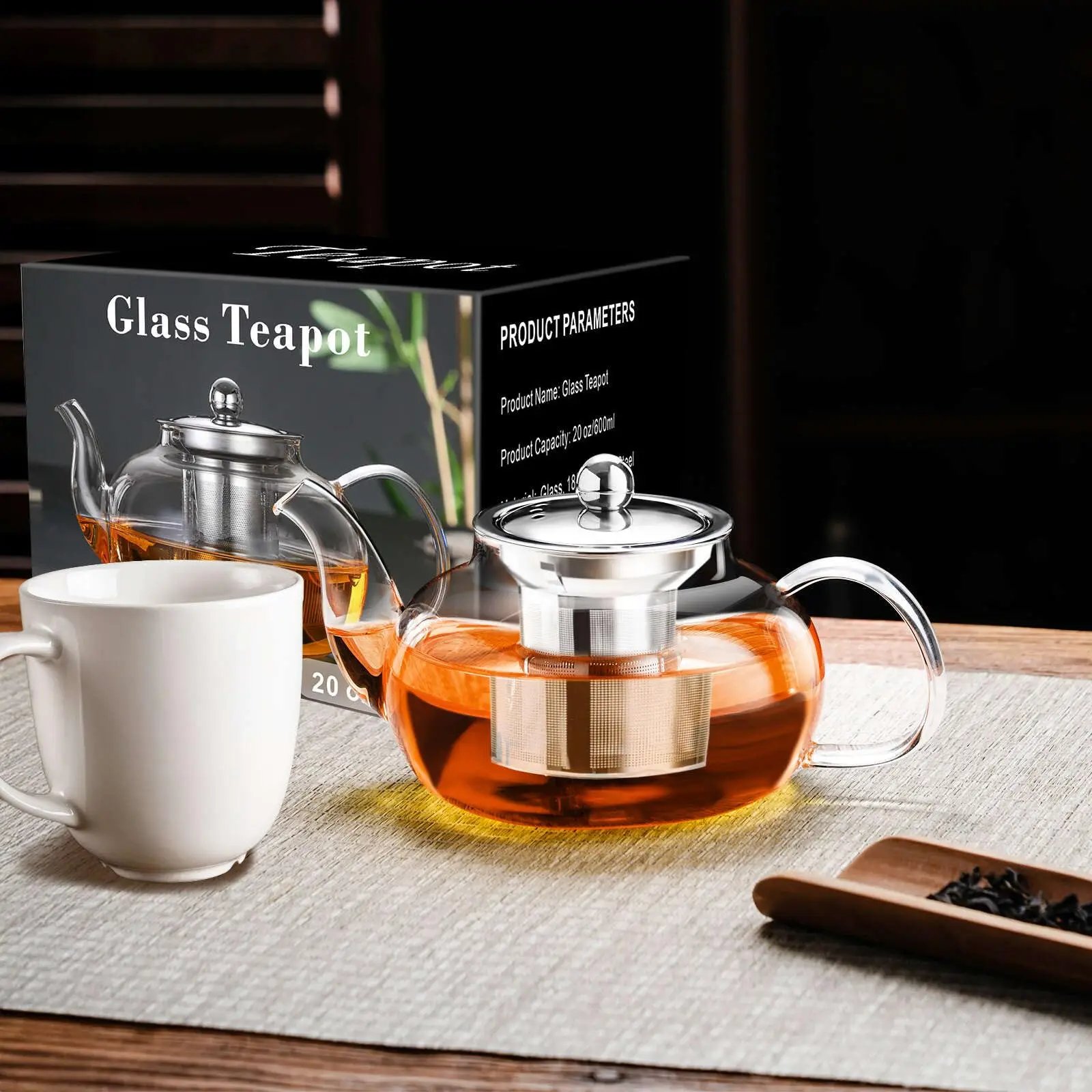 Glass Teapot Stovetop 22 OZ/650ml, Tea pot with Removable 18/8 Stainless Steel Infuser, Borosilicate Clear Tea Kettle
